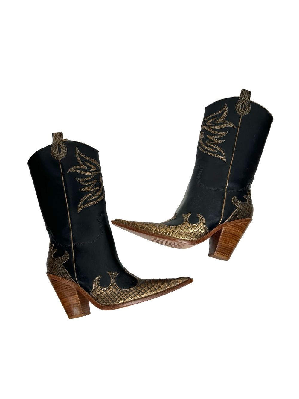 Vintage | Para Raio Western Black and Gold Metallic Leather Cowboy Boot 7